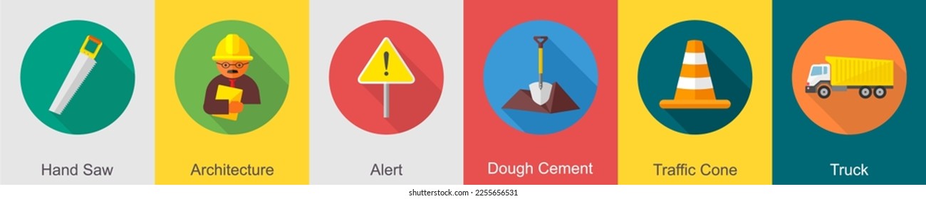 A set of 6 construction icons as hand saw, architecture, alert