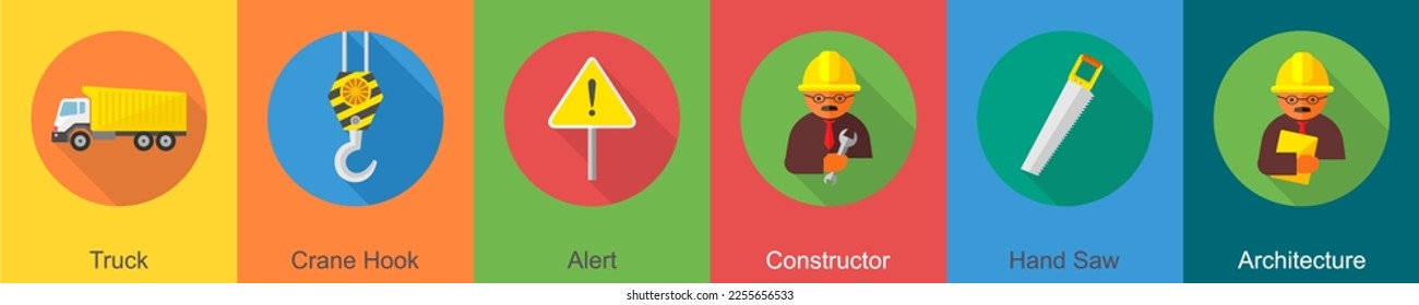 A set of 6 construction icons as truck, crane hook, alert