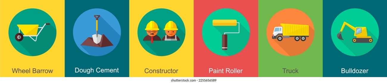 A set of 6 construction icons as wheel barrow, dough cement, constructor