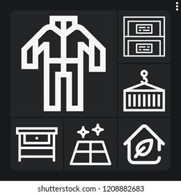 Set of 6 construction outline icons such as eco house, cabinet, floor, container, coverall