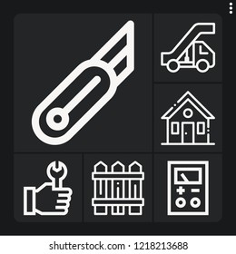 Set of 6 construction outline icons such as house, wrench, fences, voltage, stairs