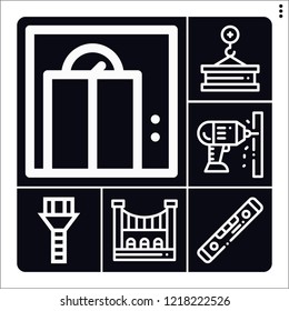 Set of 6 construction outline icons such as measuring, drill, bridge, crane, screw