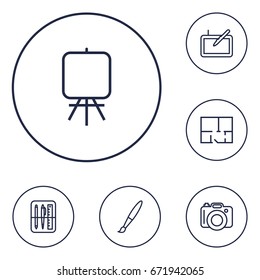 Set Of 6 Constructive Outline Icons Set.Collection Of Dslr Camera, Property Plan, Easel And Other Elements.