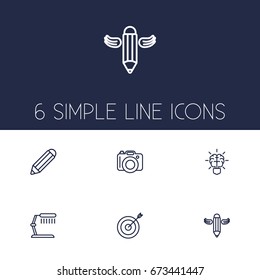 Set Of 6 Constructive Outline Icons Set.Collection Of Brain, Table Lamp, Pencil And Other Elements.