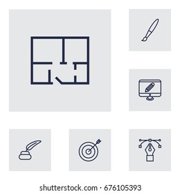Set Of 6 Constructive Outline Icons Set.Collection Of Inkwell With Pen, Bezier Curve, Paintbrush And Other Elements.