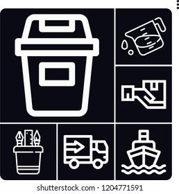 Set of 6 container outline icons such as pencil case, box, ship, lorry, bin