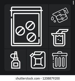 Set of 6 container outline icons such as trash, car oil, beaker, liter, oil bottle