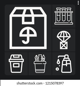 Set of 6 container outline icons such as package, pencil case, liquid soap, bin