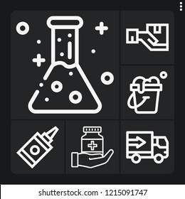 Set of 6 container outline icons such as flask, box, lorry, bucket, glue
