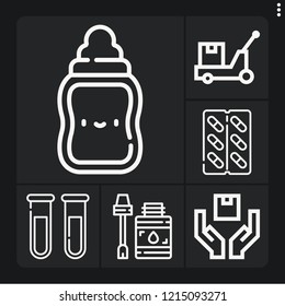 Set of 6 container outline icons such as glue, logistics, shipping, feeding bottle, test tubes