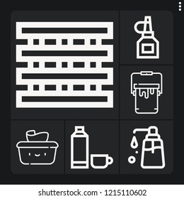 Set of 6 container outline icons such as pallet, paint bucket, liquid soap, wet wipes, oil bottle