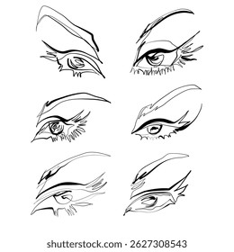 Set of 6 Continuous line drawings of fashion style woman eyes with long eyelashes and eyebrows. Simple, Minimalist line art. Editable vector fashion illustration 