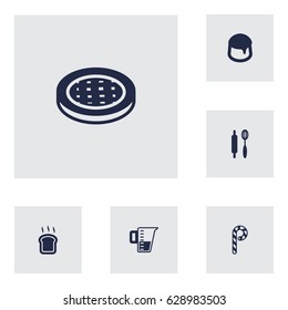 Set Of 6 Cook Icons Set.Collection Of Whisk, Measurement, Striped Lollipop And Other Elements.