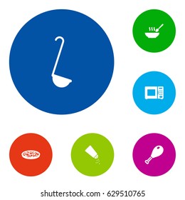 Set Of 6 Cooking Icons Set.Collection Of Saltshaker, Broth, Pepperoni And Other Elements.