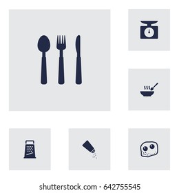Set Of 6 Cooking Icons Set.Collection Of Silverware, Eggs, Weighing Machine And Other Elements.