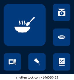 Set Of 6 Cooking Icons Set.Collection Of Electronic Oven, Pepperoni, Broth And Other Elements.