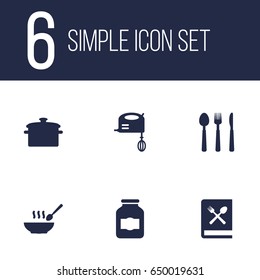 Set Of 6 Cooking Icons Set.Collection Of Blender, Broth, Silverware And Other Elements.