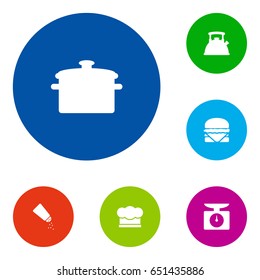 Set Of 6 Cooking Icons Set.Collection Of Weighing Machine, Saucepan, Teapot And Other Elements.