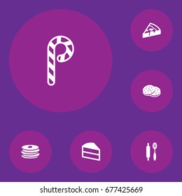 Set Of 6 Cooking Icons Set.Collection Of Striped Lollipop, Pastry, Shortcake And Other Elements.