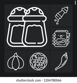 Set of 6 cooking outline icons such as pepper, pizza, garlic, recipe book