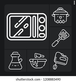 Set of 6 cooking outline icons such as mixing, microwave, spatula, oil, cooking pot