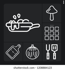 Set of 6 cooking outline icons such as onion, mushroom, spatula, kitchen board, menu