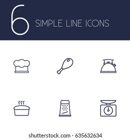 Set Of 6 Cooking Outline Icons Set.Collection Of Bread, Chicken Leg, Kettle And Other Elements.