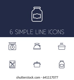 Set Of 6 Cooking Outline Icons Set.Collection Of Bread, Pan, Scales And Other Elements.