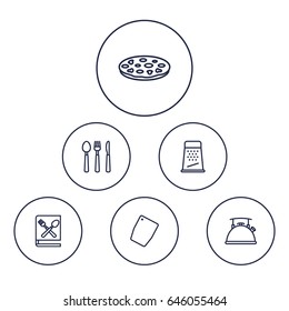 Set Of 6 Cooking Outline Icons Set.Collection Of Book Of Recipes, Cutlery, Chopping Board And Other Elements.