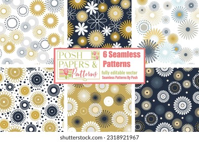 Set of 6 coordinating seamless floral vector patterns fully editable blue, gold and white modern floral motifs hand drawn vector graphics with flowers, dots and circles.