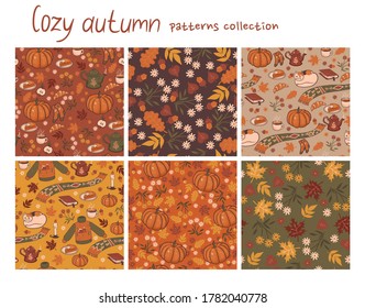 Set of 6 cozy autumn patterns. Vector graphics.