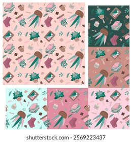 Set of 6 cozy hygge seamless pattern (+ 1 without background!), cute hand drawn slow living items: home plants, books, cup of tea or coffee, painting, candle, socks, cookies, chocolate, spoon, twigs.