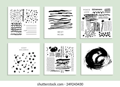Set of 6 creative cards. Hand Drawn textures made with ink. Vector. Isolated.