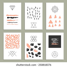 Set of 6 creative cards. Hand Drawn textures made by marker. Vector. Isolated.