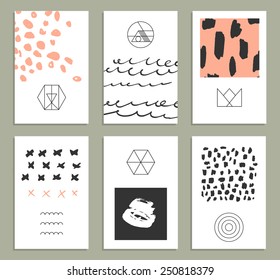 Set of 6 creative cards. Hand Drawn textures made by marker. Vector. Isolated.