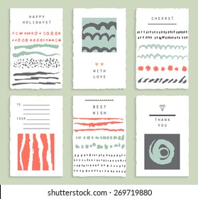 Set of 6 creative cards. Hand Drawn textures made with ink. Vector. Isolated.