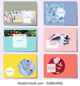 Set of 6 creative cards. Hand drawn Doodle Textures. Birthday, Wedding invitation, Business cards templates. 