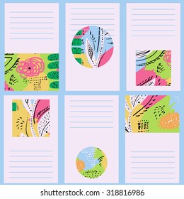 Set of 6 creative cards. Hand drawn Doodle Textures. Birthday, Wedding invitation, Business cards templates. 