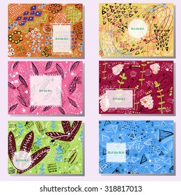 Set of 6 creative cards. Hand drawn Doodle Textures. Birthday, Wedding invitation, Business cards templates. 