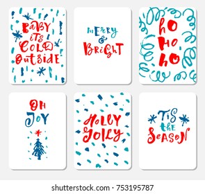Set of 6 creative Christmas cards, posters set, template for Greeting Scrapbooking, Congratulations, Invitations, Stickers, Planners. hand drawn lettering calligraphy. Vector Illustration