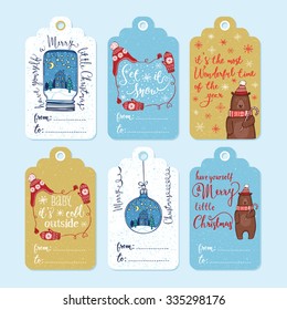 Set of 6 creative Christmas gift tags. Christmas ornaments, knitted winter hat and mittens, funny winter bear in knitted hat and scarf with peppermint lollipop. Handwritten lettering