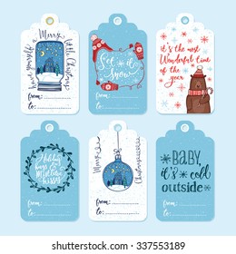 Set of 6 creative Christmas gift tags. Christmas ornaments, knitted winter hat and mittens, funny winter bear in knitted hat and scarf with peppermint lollipop, mistletoe wreath. Handwritten lettering