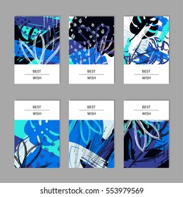 Set of 6 creative contemporary universal cards. Hand Drawn textures. Design for card, invitation, flyer, poster, placard, brochure. Vector illustration.