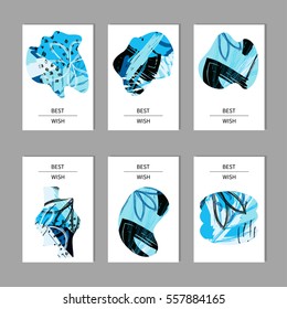 Set of 6 creative contemporary universal cards. Hand Drawn textures. Design for card, invitation, flyer, poster, placard, brochure. Vector illustration.