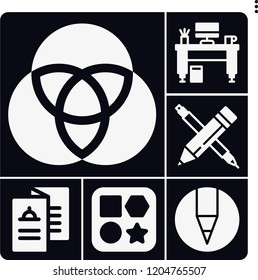 Set of 6 creative filled icons such as crayon, pencil, desk, cmyk, shapes
