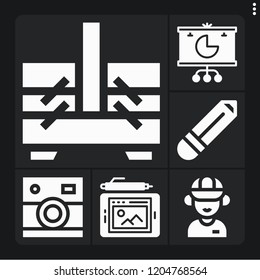 Set of 6 creative filled icons such as graphic tablet, pie chart, employee, pencil, sewing box