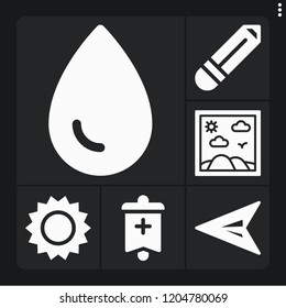 Set of 6 creative filled icons such as banner, painting, green arrow, pencil, ink