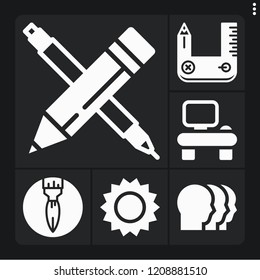 Set of 6 creative filled icons such as pencil, paint brush, design tool, desk, sun