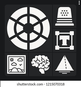 Set of 6 creative filled icons such as brain, triangle, painting, color wheel, type