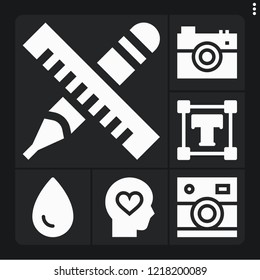 Set of 6 creative filled icons such as type, ink, camera, head